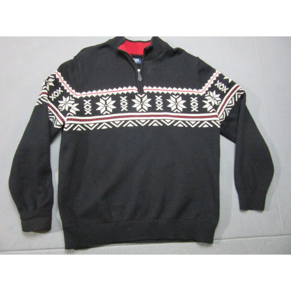 Chaps Sweater Mens 2XL Black White Holiday Snowflake Fair Isle Knit Mock 1/4 Zip